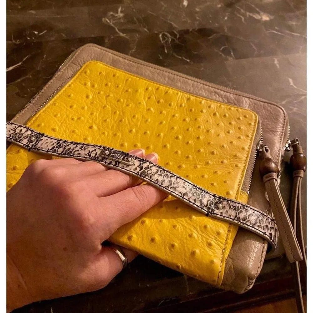 Rafe New York Yellow Ostrich Embossed Taupe Leather Mixed Media Clutch‎ Bag